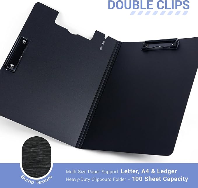 Clipboard Folder, with Dual Metal Clips, Embossed-Texture, Folding 360° Rotating, Nursing Clipboard for Letter and A4, Pen Holder (Black, 5)