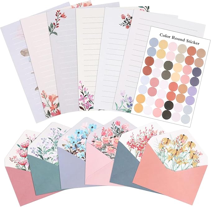 37 Pcs Stationery Paper Envelopes Set Includes 24 Lined Writing Paper & 12 Envelopes with 48 Round Stickers, Warm Floral Themed Letter Stationary Set for Wedding Invitations Wishes Flower(6 Style)