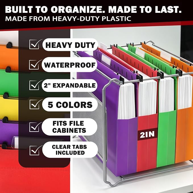 Navona 5 Pack Plastic Hanging File Folders, Letter Size | Heavy Duty 2" Expanding Pockets with Clear Tabs, Reusable File Organizer for Home, Office & Filing Cabinets, 5 Colors