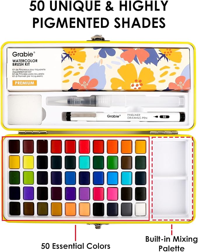 Grabie 50 Colors Premium All-In-One Water Color Paint Set - Detail Paint Brush Included, Watercolor Paints, Painting Sets, Art Supplies, Portable & Travel Watercolor Set, Amateur Hobbyists, Set of 50