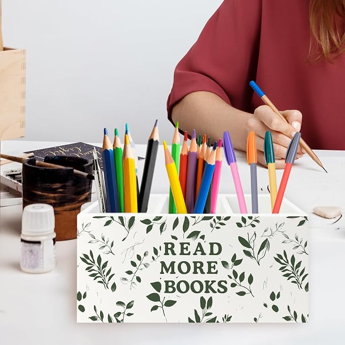Reading Room Decor Pen Pencil Holder Organizer for Desk, Read More Books Botanical Wooden Box Signs Decorations for Reading Nook Corner Room Library Desk Tabletop, Book Lover Reader Gifts