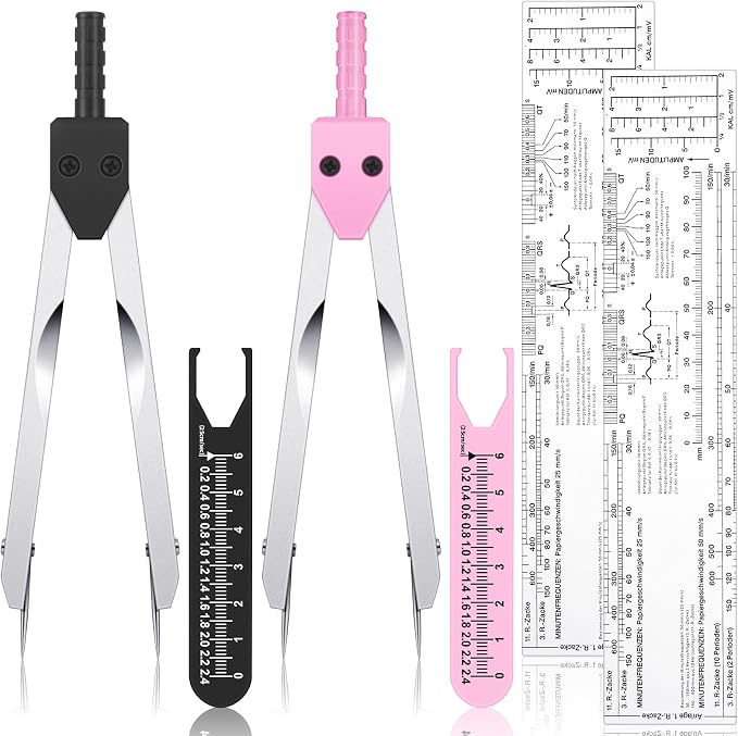 Tondiamo 2 Pack Ekg Calipers Ekg Ruler Card Combination Set Ecg Drafting Electrocardiographs Measuring Tool for Doctors, Nurses, Medical Student(Black and Pink)