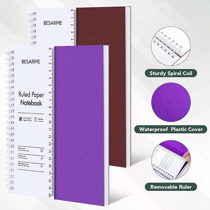 BESARME 4 Pack A5 College Ruled Spiral Notebooks, 5.7 x 8.22 Inch | 100gsm thick paper, waterproof cover, ruler insert, twin-wire binding, 160 pages each, for school or work