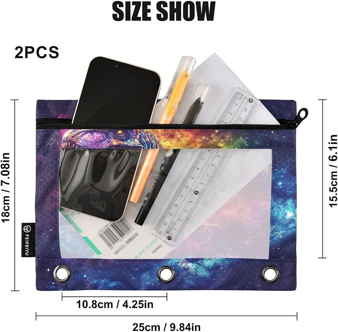 Galaxy Dinosaur T. Rex Binder Pouches 3 Ring for Boys Girls School Office College Supplies Space Dino Stars Tyrannosaurus Rex Nebula Pencil Pouches Case Bag with Clear Window and Zipper 2 Pack