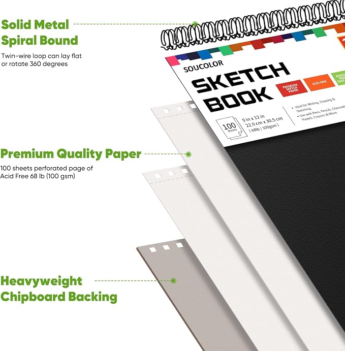 Soucolor Artist 9x12 Sketch Book Set, 4 Pack 400-Sheet Spiral Drawing Pads | Skerch Book for Adults 68lb/100gsm | Acid-Free Drawing Paper for kids Art Supplies,Charcoal,Graphite,Pastel Pencils & Sticks