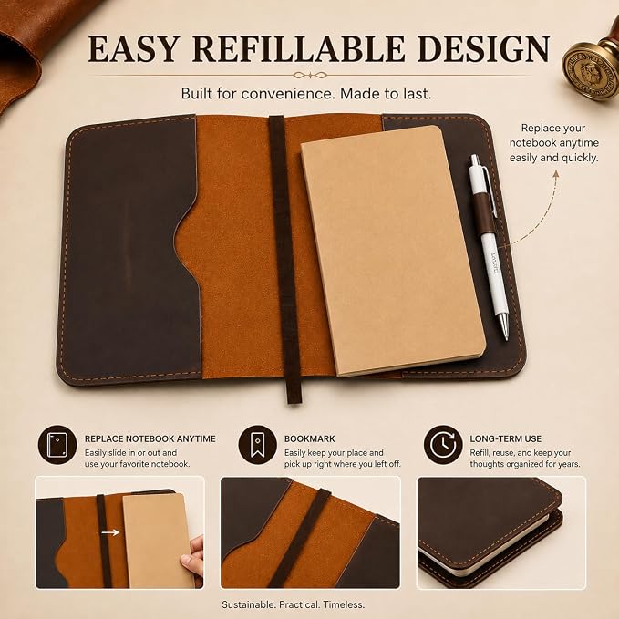 A5 Leather journal cover, Refillable Journal Cover for Large and Medium A5, Leather Handmade Notebook Cover, 5.75 x 8.25 Inches Leather Bound Journal (Brown)