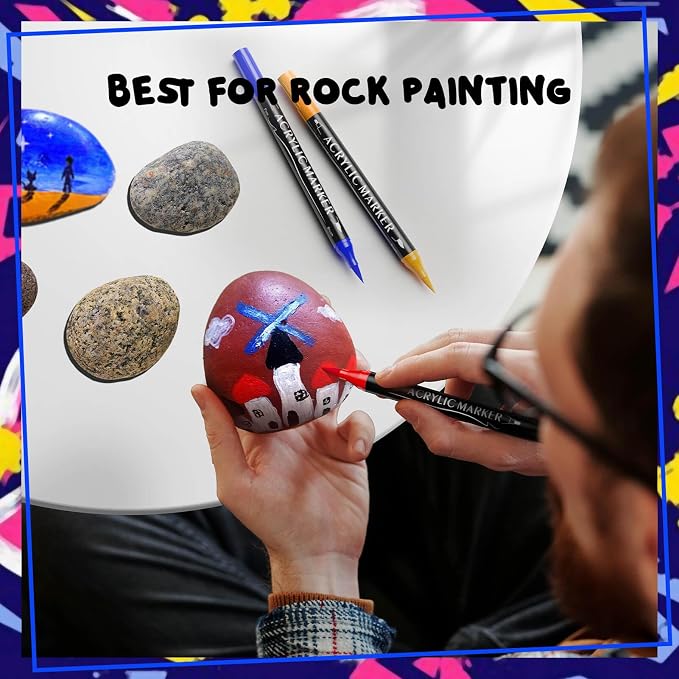 72 Colors Dual Tip Acrylic Paint Markers,Fine Tip and Brush Tip Permanent Acrylic Paint Pens For Rock Painting, Canvas, Wood, Glass, Ceramic, Fabric, Plastic, Egg, Scrapbook,Art Painting Supplies Kit