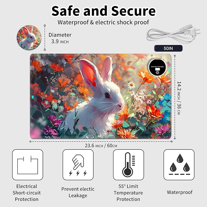 Heated Desk Pad Mouse Pad,Heated Desk Mat,with 3 Heating Levels & 3 Hours Auto Shut-Off,Leather 23.6"*14.2" Gaming Mouse Laptop Mat,Foot Warmer,Cute Rabbit Floral