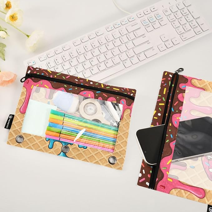 Gredecor 3 Ring Binder Pencil Pouch, American Football Ice Cream Zippered Pen Case Pouches with Clear Window, 2 Pack Stylish Office & School Supplie