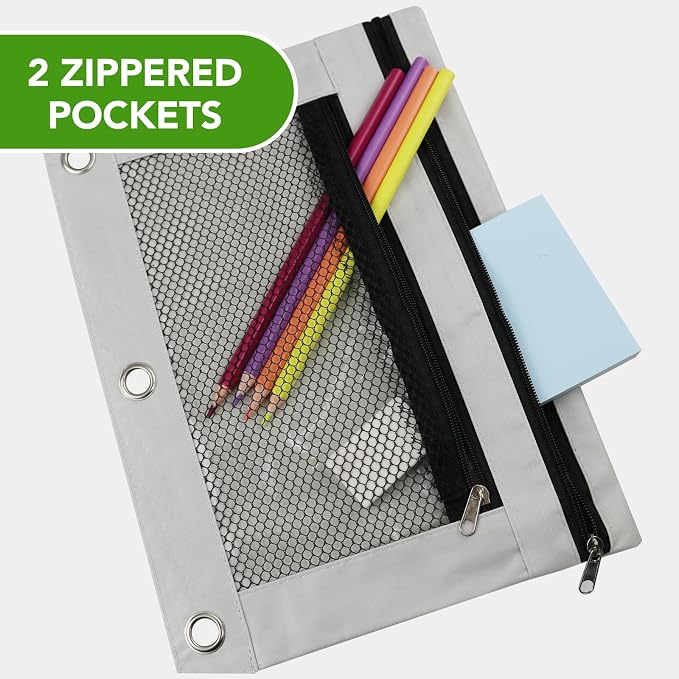 Pencil Pouch for 3 Ring Binder, Heavy Duty Canvas Dual Zipper Pen Bag with Clear Window, Smooth Metal Zipper, Fit Standard 3-Ring Binders for School Office Travel Supplies (Grey)