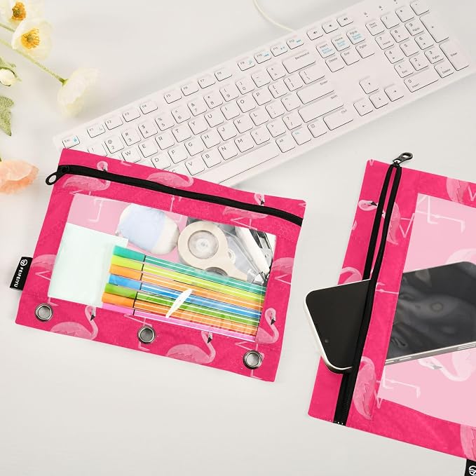 Flamingo on Pink Pencil Pouch Fits standard 3-ring binders, Zipper Binder Pencil Bag with Clear Window for Office 2 Pack