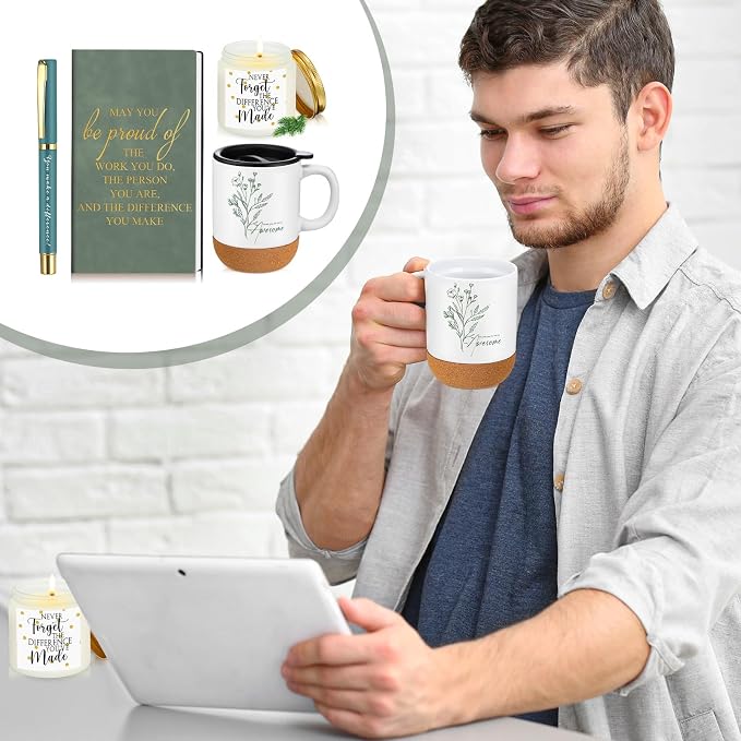 Sayglossy 4 Pcs Thank You Gift Set for Women Men Back to School Teacher Appreciation Gift Leather Notebook Inspirational Coffee Mug Scented Candle Ballpoint Pen for Employee Coworker Nurse Boss, Green