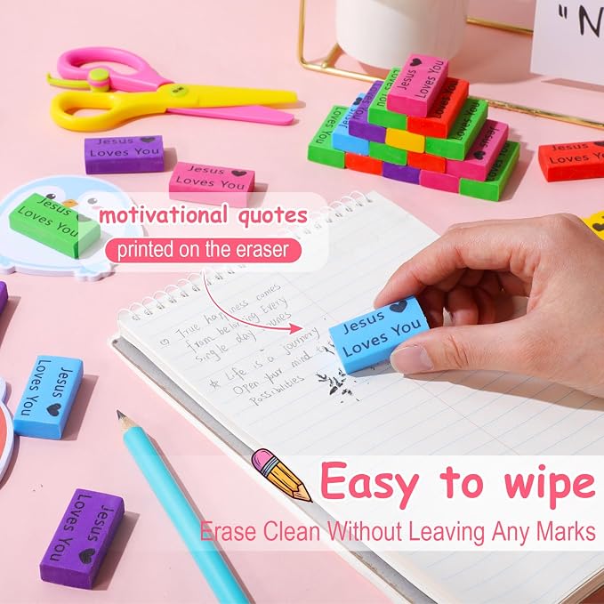 Resurhang 360 Pcs Erasers Bulk for Kids Inspirational Pencil Erasers Bulk for Drawing Motivational Big Eraser School Supplies for Classrooms Back to School Office (Jesus Loves You,Multicolor)