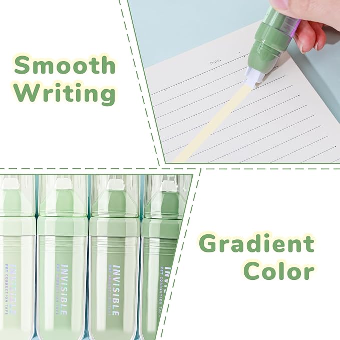 Temiary 4P Correction Tapes, Beige Core Smooth Pull Out for Writing, Green | Smooth Pull Out Aesthetic Cream Correction Tape Gradient Set, Quick Dry Applicator for Students School Office Supplies