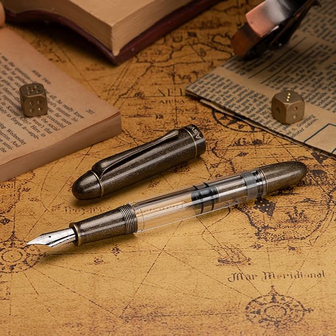Asvine P30 Piston Fountain Pen Extra Fine, Retro Brass Style, Transparent Acrylic Large Ink Capacity Writing Gift Box