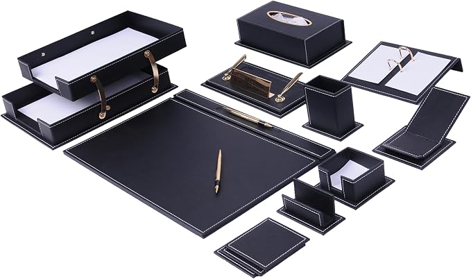 14-Piece Leather Desk Organizer Set, 49x34 cm Desk Pad, Double Document Tray, Pen Holder, Business Card Holder, Phone Stand, Black with Gold Accents