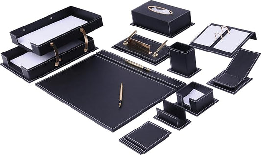 14-Piece Leather Desk Organizer Set, 49x34 cm Desk Pad, Double Document Tray, Pen Holder, Business Card Holder, Phone Stand, Black with Gold Accents