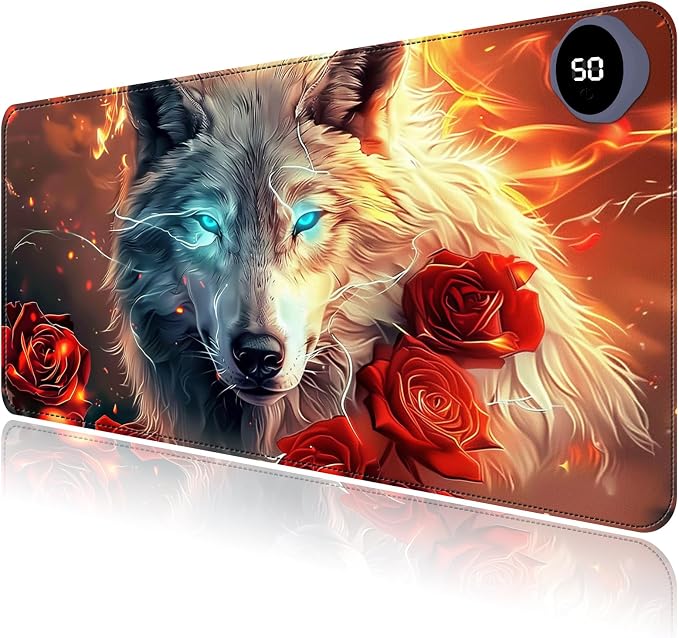Heated Mouse Pad with 3 Levels Heated & 3 Hours Auto Shut-Off Mouse Pad for Warming Hands in Office Home, 23.6" x 14.2"Large Safe Desk Mat Hand Warmer，Wolf Rose