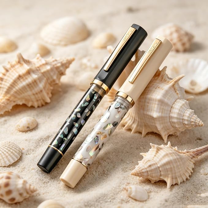 Jinhao 58 Fountain Pen Gift Set of 2 - Natural Sea Shell Inlay Fine Nib Luxury Writing Pens with Jinhao Orange Box & Ink Converters, Black & White