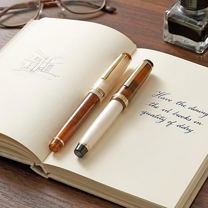 Jinhao 82 Acrylic Fountain Pen Set (2 Pack), Fine Nib Pen, Milk Coffee | Smooth refillable writing pens with converter for journaling, calligraphy & office use. Features a translucent body.