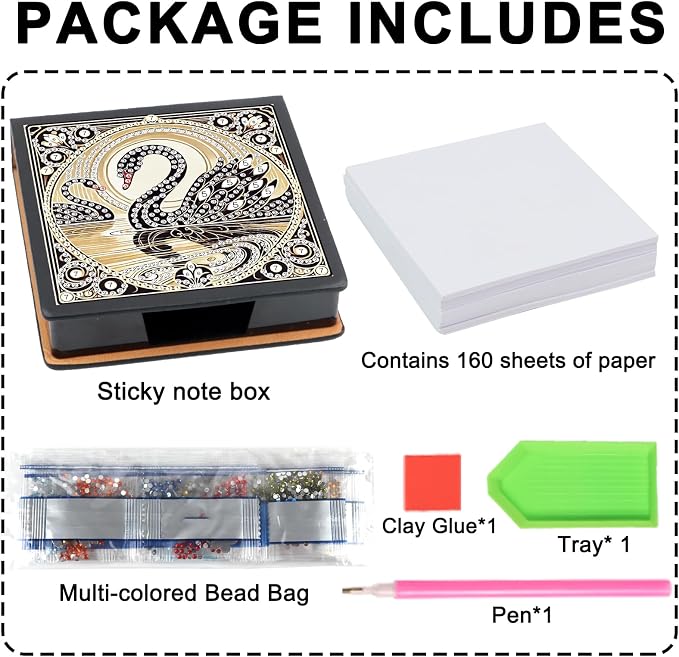 Swan Diamond Painting Kit Note Box,Memo Paper Storage Box Diamond Art,Sticky Note Holder Diamond Art,Diamond Painting Memo Pad For Office Desk. (Swan)