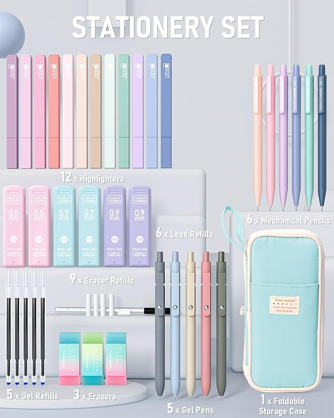 Four Candies School Supplies with Cute Pen Case, 39ct, Blue | Back to School Stationery Set, Essentials for College & Nursing Students, 5 Gel Pens, 6 Mechanical Pencils, 12 Highlighters