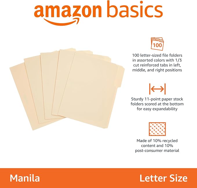 Amazon Basics Sturdy File Folders with Reinforced Tabs for Filing and Organization, 1/3-Cut Tab, Assorted Positions, Letter Size, 8.5x11 inches, Manila, 200-Pack