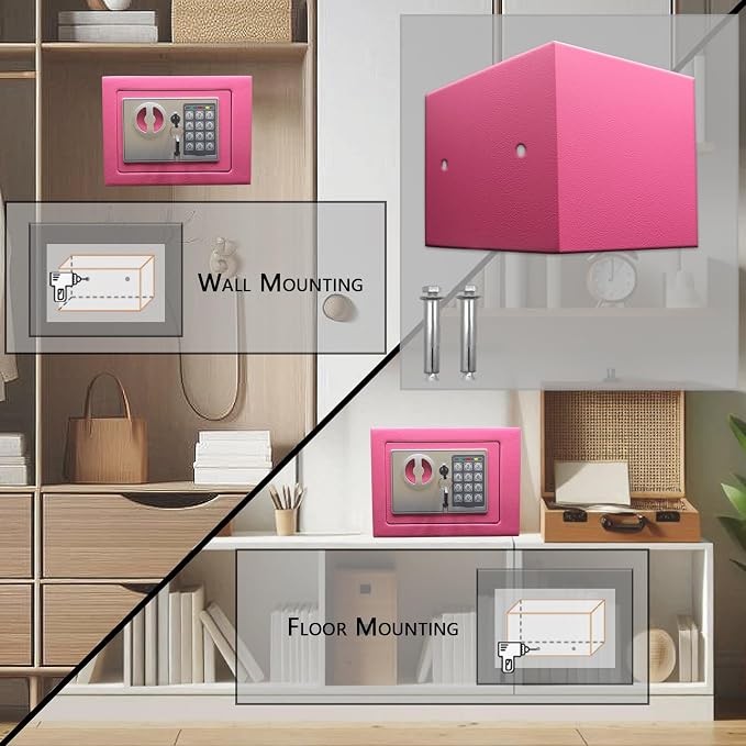 Yuanshikj Small Steel Security Safe Box with Keypad,Key;0.23 Cu Ft, Pink | Electronic Digital Secure,9.1" W x 6.7" D x 6.7" H,Hidden for Home Dorm Apartment Hotel Office Cash Jewelry Storage