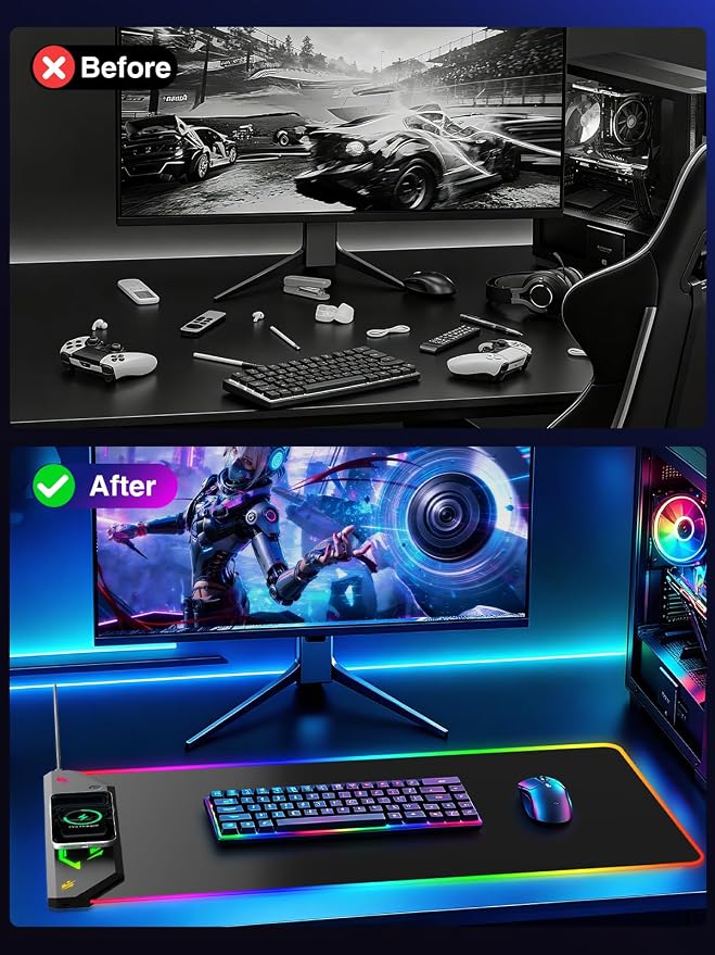 Magnetic Wireless Charging Mouse Pad Gaming, 31.5"x15.8" Large Desk Mat | RGB Mousepad, Smooth Glide, Stitched Edge, Non-Slip Rubber Base, Desk Pad Computer Keyboard Mat, No Adapter