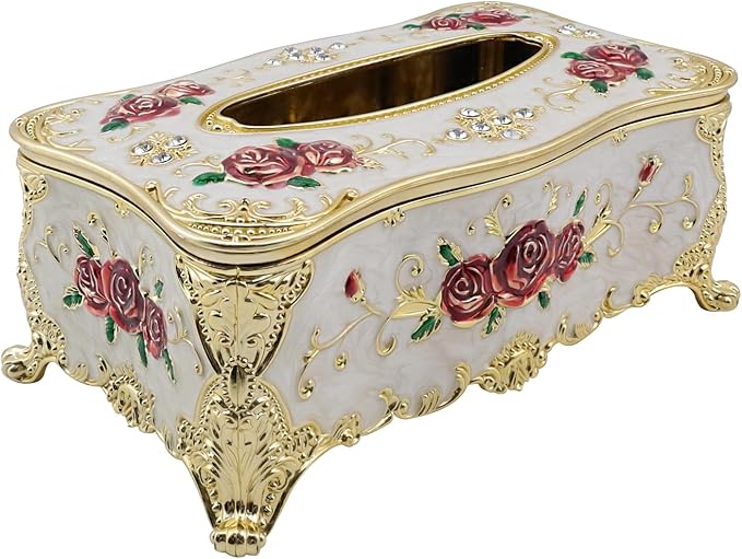 Luxurious Rose Tissue Box with Imitation Diamonds,Gold-White-red | Embossed Flowers，9.45"x5.43"x3.94"，Elegant Tissue Paper Holders，for Home Toilet Bath Hotel