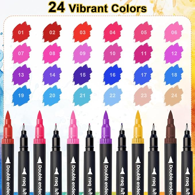 Dual Markers Brush Pens, Art Brush Coloring Markers for Adult Coloring Books, 24Colors Pens for Teens, Double Tip Colored Pen for Journaling Note taking Planner Lettering Calligraphy Drawing