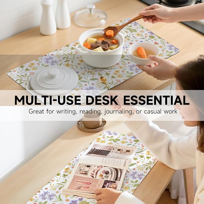 Botanical Floral Desk Pad Blotter,Large Mouse Pad 35 x 17in,PU Leather Desk Mat Writing Pad Protector, Non-Slip Waterprrof,Desktop Decor for Home Office & Gamers Women Girls (Pressed Flower Art)