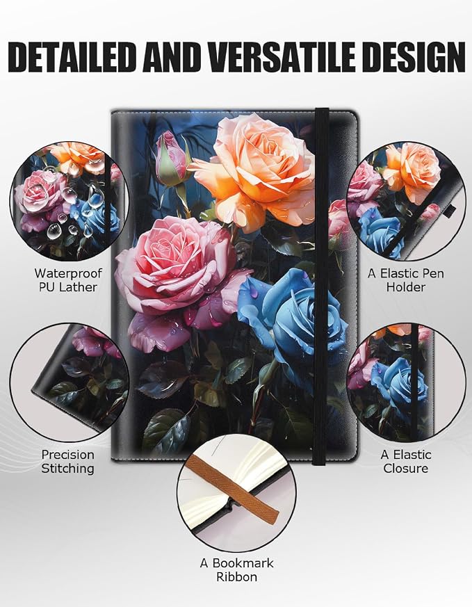 Hardcover Executive Notebooks, A5 PU Leather Lined Journal Notebook, 200 Pages Thick Paper Subject Notebooks for School,Work,Home Writing Business Notebook, Diary Book ， Colorful Flowers