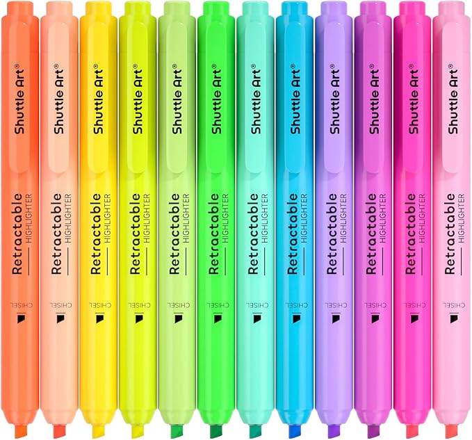 Shuttle Art Retractable Highlighters Assorted Colors, 12 Colors(6 Pastel & 6 Neon) Chisel Tip Fluorescent Markers, Quick-Dry Aesthetic Highlighter Pens for Adults, Perfect for School Office Home