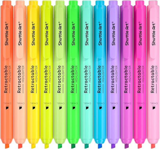 Shuttle Art Retractable Highlighters Assorted Colors, 12 Colors(6 Pastel & 6 Neon) Chisel Tip Fluorescent Markers, Quick-Dry Aesthetic Highlighter Pens for Adults, Perfect for School Office Home