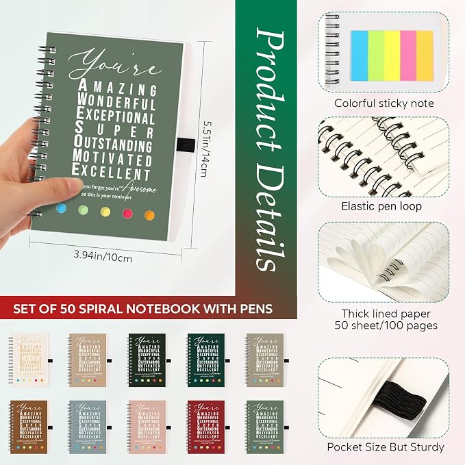 Jetec 100 Pcs/50 Sets Back to School Teacher Gifts Motivational Spiral Notebook with Sticky Notes Pen Bulk Inspirational Journals Thank You Gift for Employee Coworker Birthday Party (Earth Tone)
