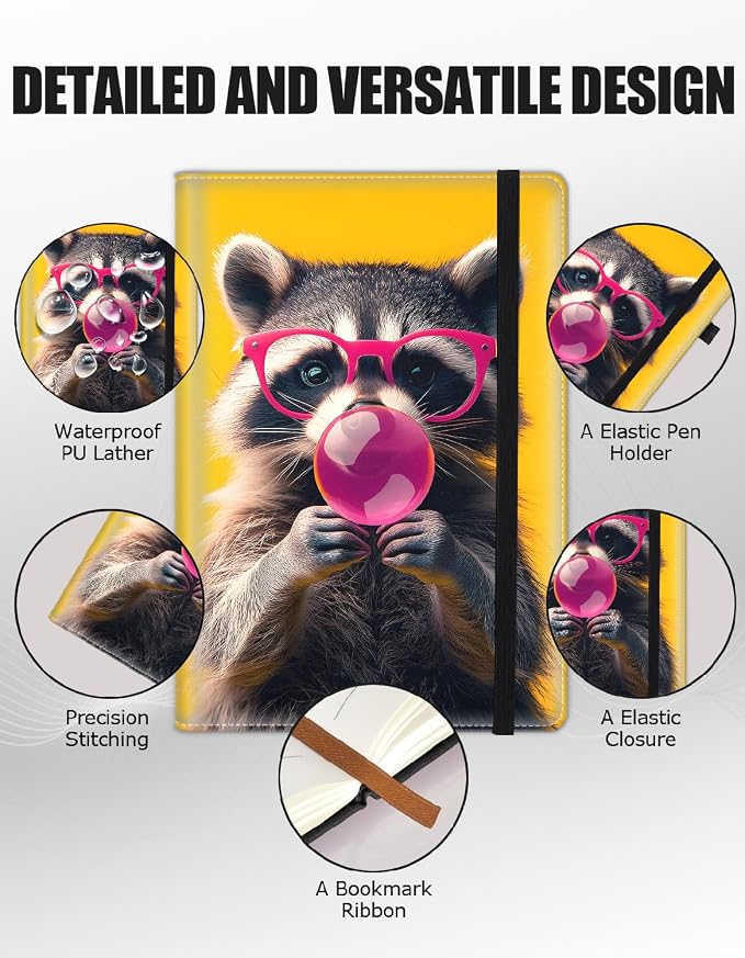 Hardcover Executive Notebooks, A5 PU Leather Lined Journal Notebook, 200 Pages Thick Paper Subject Notebooks for School,Work,Home Writing Business Notebook, Diary Book ，Raccoon Bubblegum
