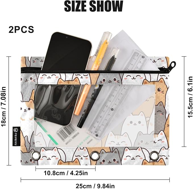 ALAZA Pencil Pouch for 3 Ring Binder, Cartoon Kitten Kitty Binder Pencil Pouches with Clear Window Zipper Pencil Case Cosmetic Bags for Office College Supplies, 2PCS