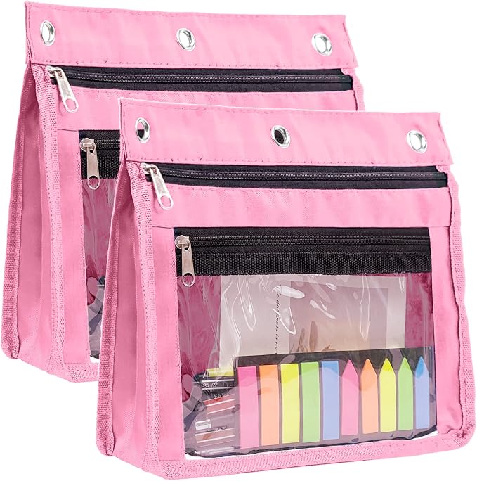 YoeeJob 2 Pack 1 Inch Expandable Zipper Pencil Pouches with Clear Window for 3 Ring Binder, Suitable for School & Office (Pink)