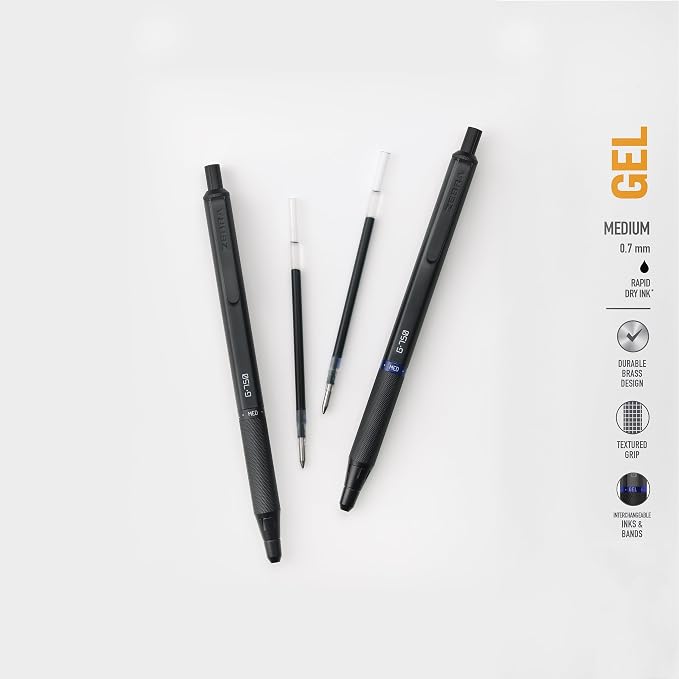 Zebra Pen G-750 Black Brass Retractable Gel Pen, Black Ink, 0.7mm, 2-Pack | Japanese Craft Detail, Brass Barrel, Rapid-Dry Ink, Comfort Knurled Grip, Refillable, Medium Point Tip, STEEL Series (49812)