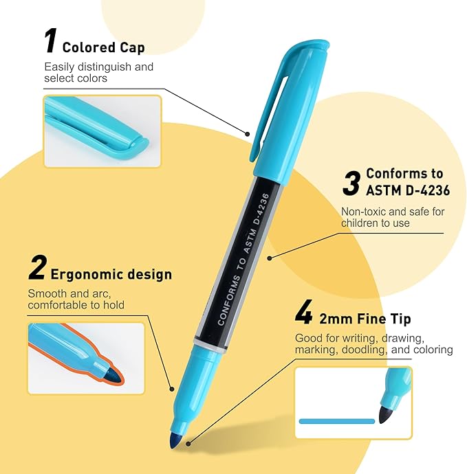 TOWON 12 Permanent Markers - Assorted Colors Drawing Marker Pens Set, Waterproof Quick Drying Fine Tip Colored Artists Markers for Adults Coloring