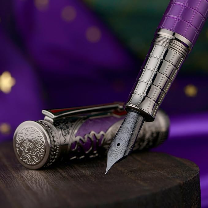 Hongdian D5X Fountain Pen Purple Color Fine Nib, Qin Dynasty Retro Chinese Totem Engraving Smooth Writing Pen with Converter and Pen Box Set