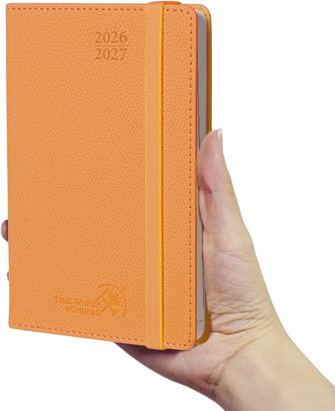 POPRUN 2026-2027 Small Weekly Planner, 4" x 6.25" Pocket Calendar for Purse | Academic Year (Jul 2026 - Jun 2027) Daily Planner with Lined Sections, Leather Hardcover, 100GSM Paper - Orange