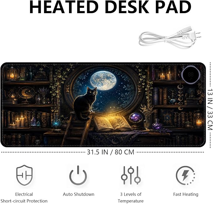 Large Heated Mouse Pad–31.5" x 13" Desk Mat for Office | 3 Adjustable Heat Levels,Auto Shut-Off After 3 Hours for Safety,Keeps Hands Warm While Working，Witchy Black Cat Library