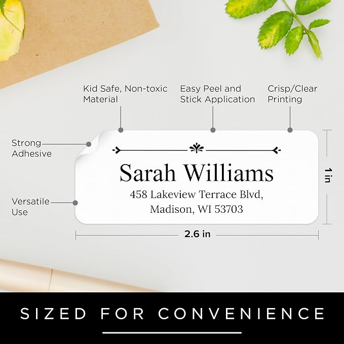Personalized Return Address Labels, Custom Address and Name Mailing Labels for Envelopes & Branding- Ornate 1x2.6 Inches Flat Sheet of 60-1200 Made in USA by My Sign Center