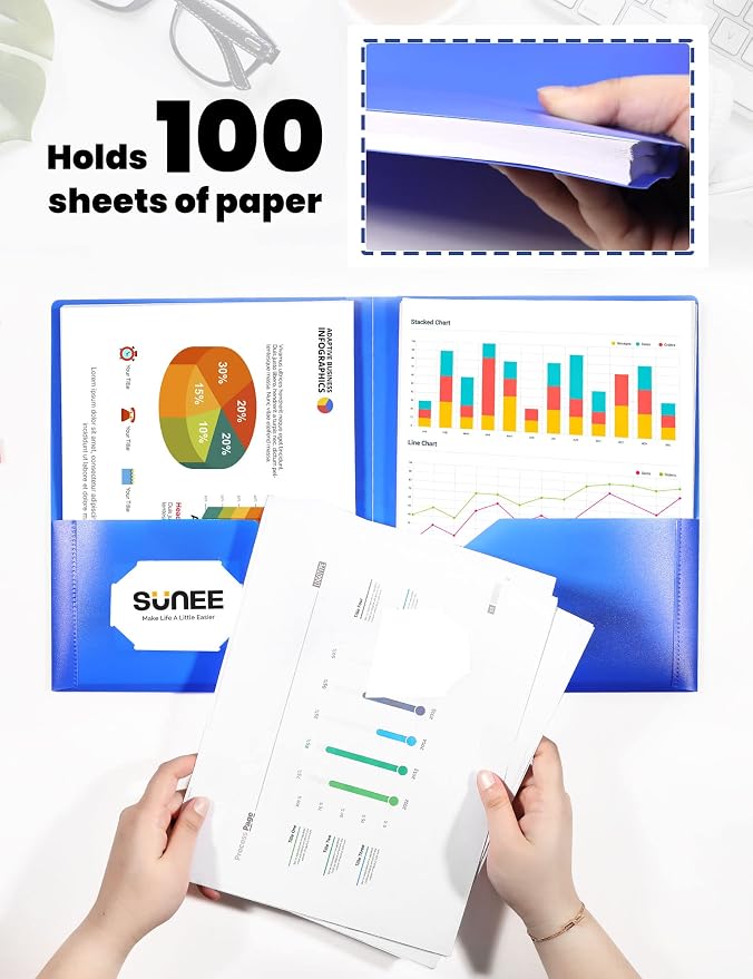 SUNEE Folders with Pockets (6 Pack, Assorted Colors), Plastic Folders with Pocket, Poly Folder for Documents Letter Size, 2 Pocket Folder for Kids, Home, School, Office