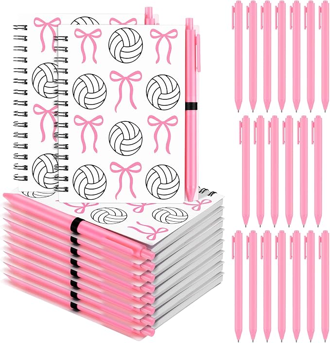 Engrowtic 20 Set Pink Volleyball Gifts, Volleyball Bow Notebooks with Pens Bulk Spiral Pocket Notebooks Lined Journal with Pink Pens Gifts for Team Players Christmas Coach Cheerleader