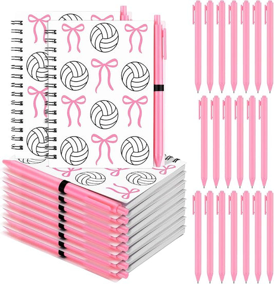 Engrowtic 20 Set Pink Volleyball Gifts, Volleyball Bow Notebooks with Pens Bulk Spiral Pocket Notebooks Lined Journal with Pink Pens Gifts for Team Players Christmas Coach Cheerleader