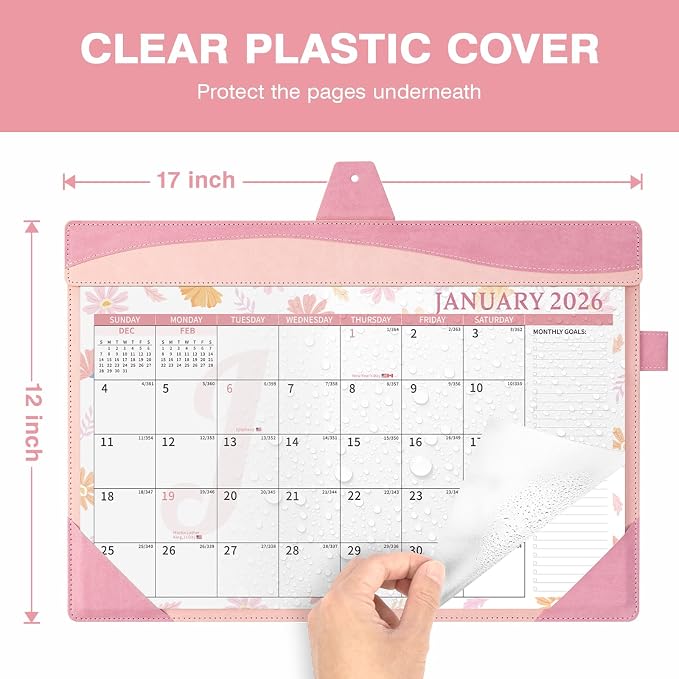 Ospelelf Leather Wall Calendar 2026-2027 with Storage Pocket, 12"x17" Monthly Large Desk Planner Pad with Protective Cover and Sticker for Office School Home, 18 Months January 2026 - June 2027 Pink Floral