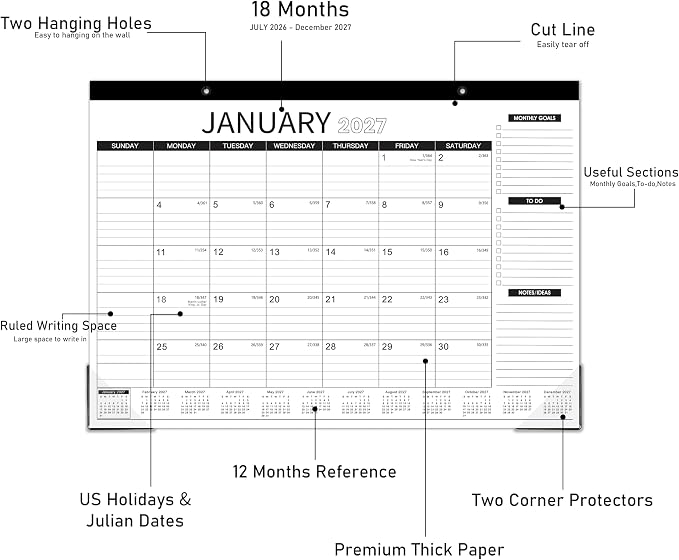 2026-2027 Desk Calendar - Desk Calendar 2026-2027, July 2026 - December 2027, 18 Monthly Desk Pad/Wall Calendar, 2-in-1 Desktop Calendar, 17" x 12", Thick Paper, Corner Protectors